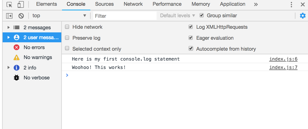 screenshot showing user messages on the console